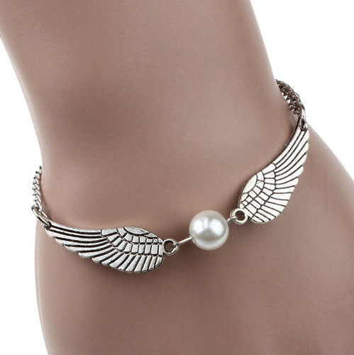 Fashion Silver Imitation Pearl Angel Wings Jewelry Dove Peace Bracelet for Women Lady Beauty Perfect Gift EF8