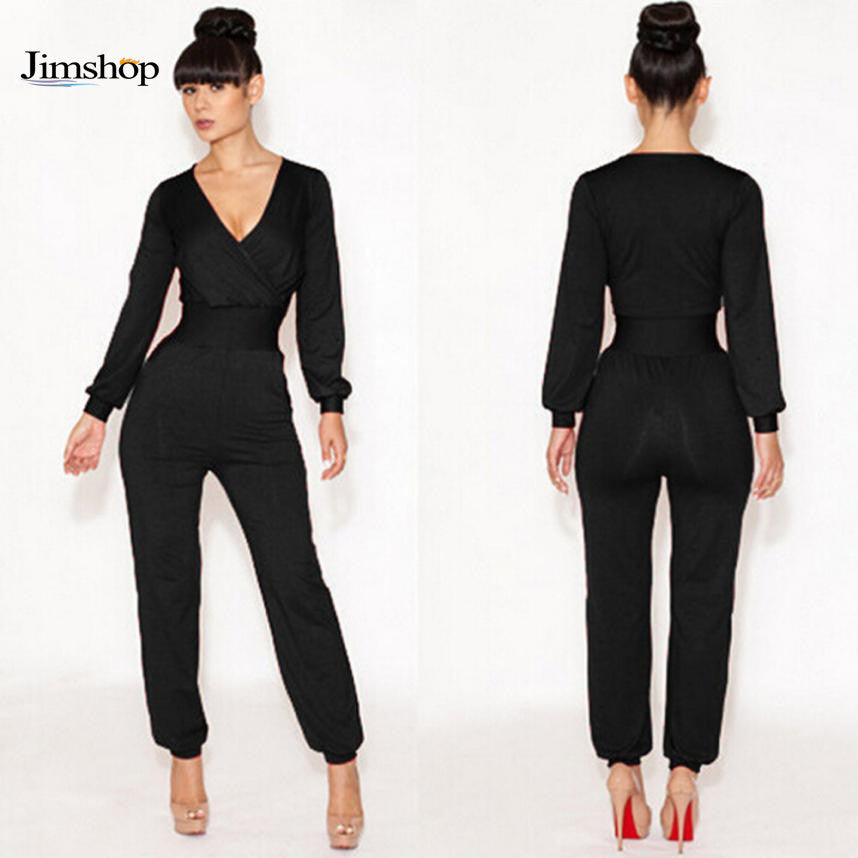 Jumpsuit women's overall sexy V Neck Long Sleeve fashion waist jumpsuit pants coveralls plus size EF8