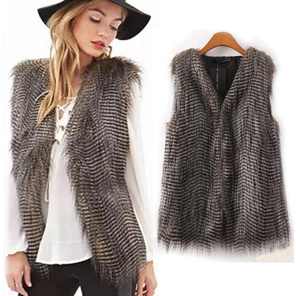 Plus Size Women VSleeveless Coat Outerwear Long Hair Jacket Waistcoat EF8