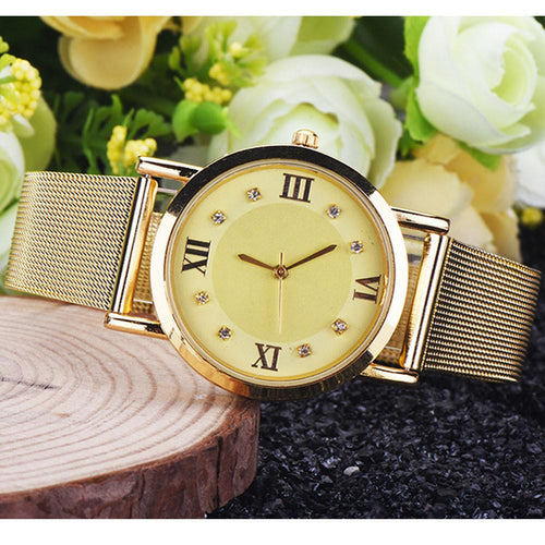 Classic Gold Womens Rhinestone Analog Quartz Stainless Steel Wrist Watch Watches EF8