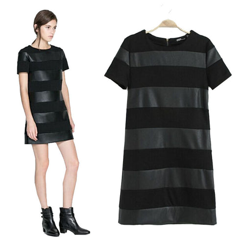 Black Women Slim Short Sleeve Leather Patchwork Casual Sexy Club Wear Bodycon Dress Plus Size EF8
