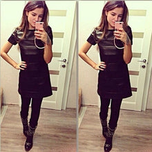 Black Women Slim Short Sleeve Leather Patchwork Casual Sexy Club Wear Bodycon Dress Plus Size EF8