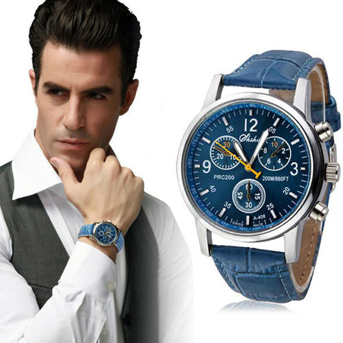 Luxury Fashion Leather Mens Analog Watch Watches Blue EF8