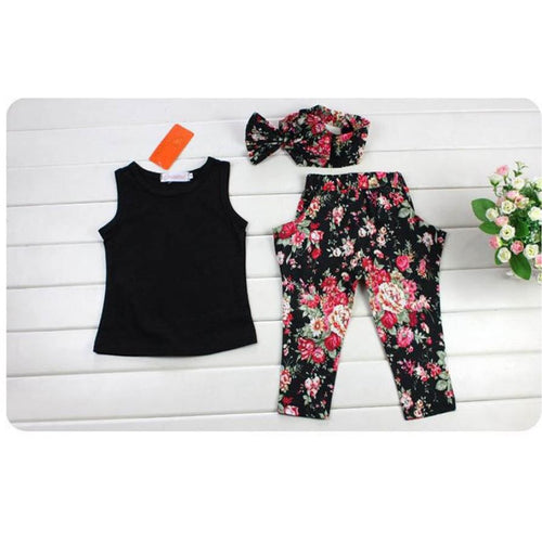 OccidentFlowers Printing Girls Sleeveless Black Shirt Pants Scarf Printing Piece Fast Shipping EF8
