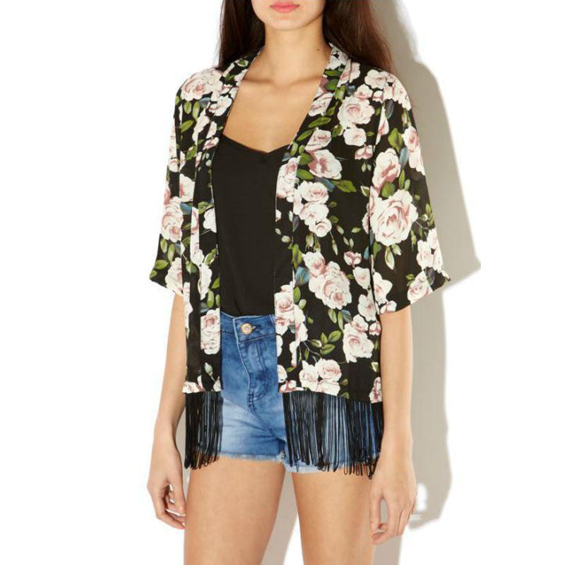 Women Chiffon Kimono Cardigan Tassel Regular Floral Print Blouse/Mujer Ropa Camisas Femininas EF8