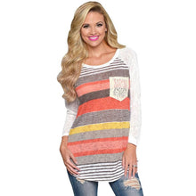 Women Raglans Baseball T Shirt Lace Pocket Slogan Tee Shirts Fashion Stripe Long Sleeve Boho Style Tops EF8