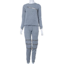 Women Sexy Zipper Leisure Round Neck Sweater Fleece T-shirt and Trousers Two Pieces Suit Cloth EF8