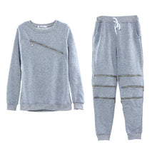 Women Sexy Zipper Leisure Round Neck Sweater Fleece T-shirt and Trousers Two Pieces Suit Cloth EF8