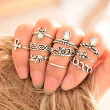 Knuckle Ring Tribal Ethic Hippe Stone Joint Finger Ring Ring Set for Women Moon Flower Elephant Pattern 10pcs Punk Style EF8