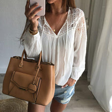 Lace Chiffon Tops Women Long Sleeve Shirt Blusa Feminina Shirt Shirt Tops Casual Solid V Neck  EF8