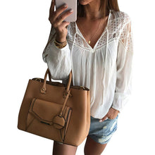 Lace Chiffon Tops Women Long Sleeve Shirt Blusa Feminina Shirt Shirt Tops Casual Solid V Neck  EF8
