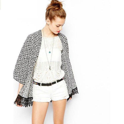 Ladies Vintage Flower Print Chiffon Blouse Women Tassel Kimono Cardigan Coat EF8
