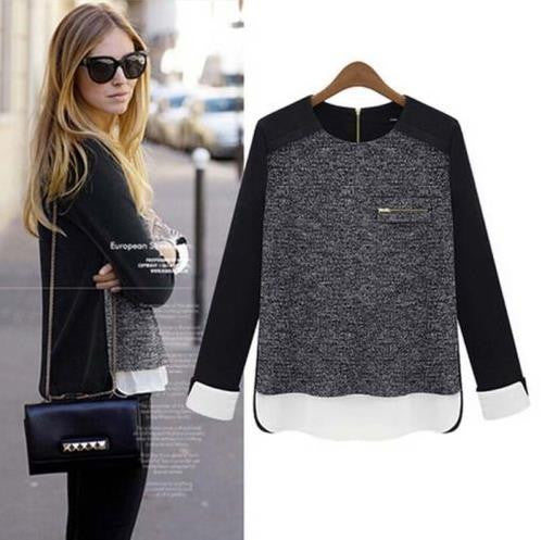 Lady Solid Chiffon Splicing Knit Sweater Women Long Sleeves Blouse Pullover Tops EF8