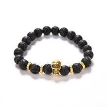 Lava Rock 8mm Bead Bracelet  Natural Stone Golden Skull Men's Beaded Bracelet EF8