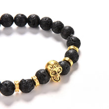 Lava Rock 8mm Bead Bracelet  Natural Stone Golden Skull Men's Beaded Bracelet EF8