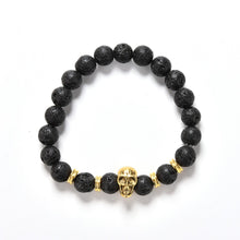 Lava Rock 8mm Bead Bracelet  Natural Stone Golden Skull Men's Beaded Bracelet EF8
