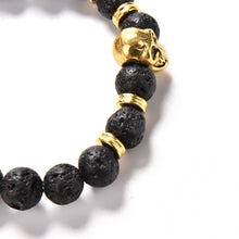 Lava Rock 8mm Bead Bracelet  Natural Stone Golden Skull Men's Beaded Bracelet EF8