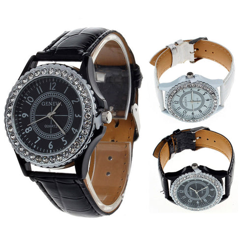 Leather Crystal Dial Lady Wrist Watch Bracelet Quartz Hour EF8