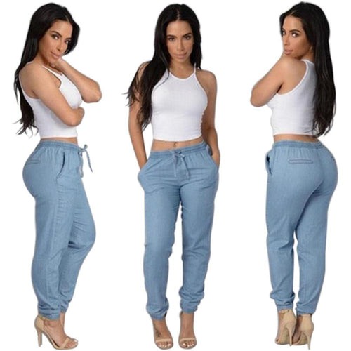 Light Dark Blue Elastic Waist Pants Women Casual Trousers Loose Dance Joggers Long Pants S-XL EF8