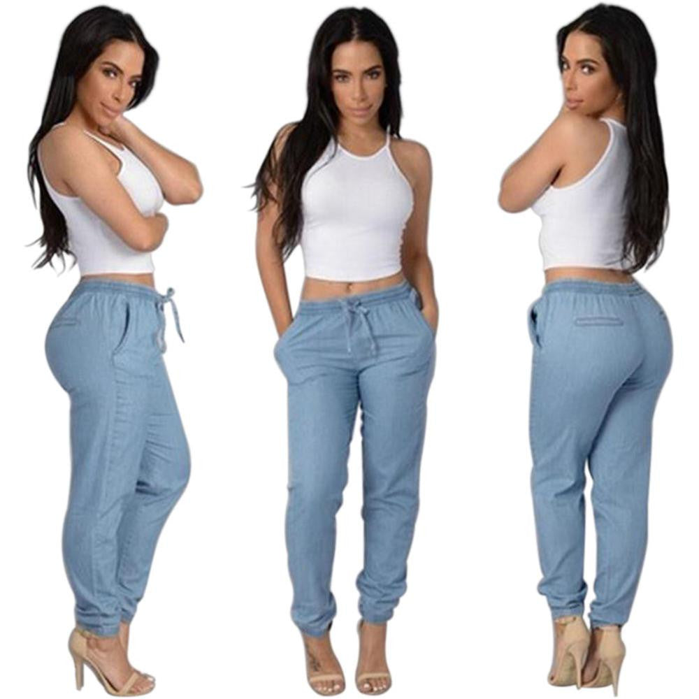 Light Dark Blue Elastic Waist Pants Women Casual Trousers Loose Dance Joggers Long Pants S-XL EF8