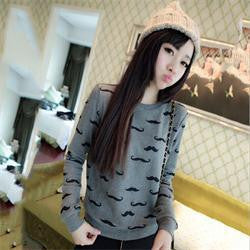 Loose Pullovers Hoody Women Long Sleeve O-Neck Mustache Print Cotton Warm Sweatshirts One Size EF8