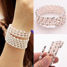 Luxurious Korean Temperament OL Silver Plated Full Rhinestone Simulated Pearl Bracelets Multilayer Winding Wide Bangles EF8
