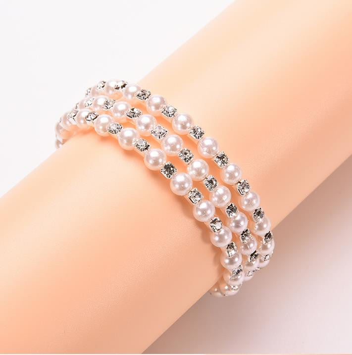 Luxurious Korean Temperament OL Silver Plated Full Rhinestone Simulated Pearl Bracelets Multilayer Winding Wide Bangles EF8