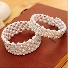 Luxurious Korean Temperament OL Silver Plated Full Rhinestone Simulated Pearl Bracelets Multilayer Winding Wide Bangles EF8