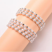 Luxurious Korean Temperament OL Silver Plated Full Rhinestone Simulated Pearl Bracelets Multilayer Winding Wide Bangles EF8