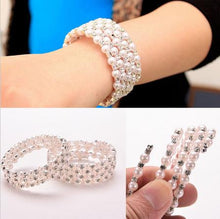 Luxurious Korean Temperament OL Silver Plated Full Rhinestone Simulated Pearl Bracelets Multilayer Winding Wide Bangles EF8