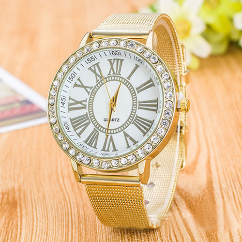 Luxury Mens Wristwatch Women Popular Gold Stainless Steel Band Crystal WristWatches Quartz Watch Bracelet Relogio EF8