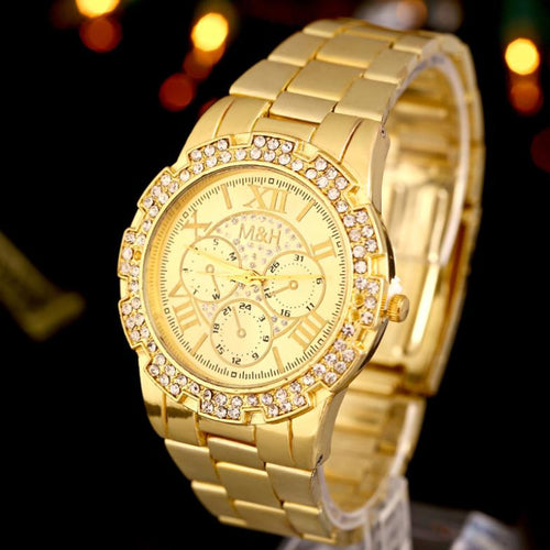 Luxury Women Men Unisex Stainless Steel Quartz Wrist Watch Gold EF8