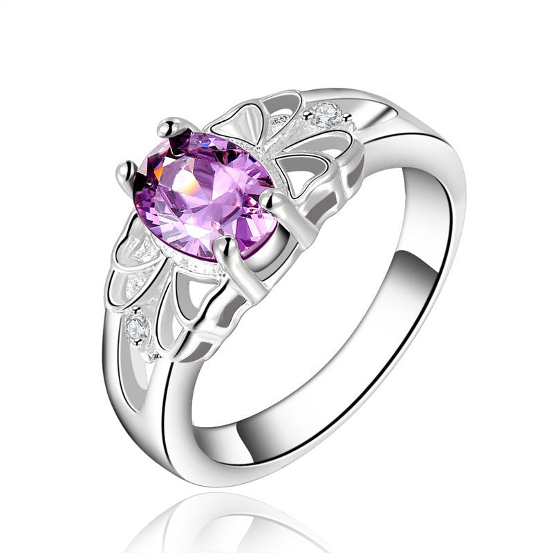 Luxury elegant amethyst Silver Rings Jewelry Crystal Beautiful flowers ring women lady cute nice beat wild  EF8