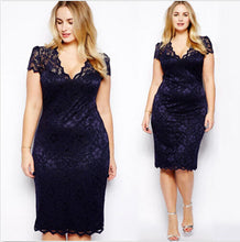 M-4XL Women Casual Lace Bodycon Dresses Mini Lace Dress V-Neck Floral Pencil Dress Dark Blue EF8
