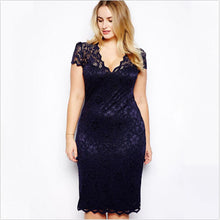 M-4XL Women Casual Lace Bodycon Dresses Mini Lace Dress V-Neck Floral Pencil Dress Dark Blue EF8