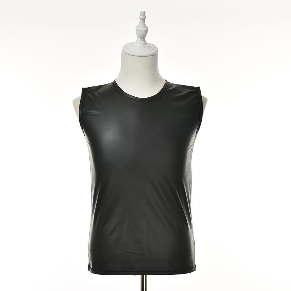 M L XL PU Leather O-neck Men Tank Tops Sexy Sleeveless Shirts Men Imitatiion Faux Leather Vest EF8