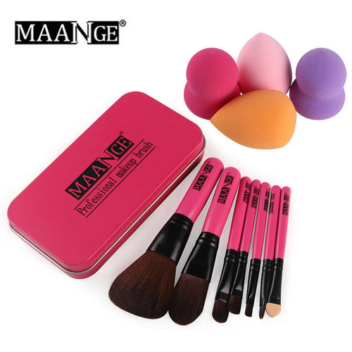 7pc Makeup Brush Make-up Toiletry Kit Wool 4pc Make Up Sponges 1 Alloy Case makeup brushes maquiagem Set Kit Tools EF8