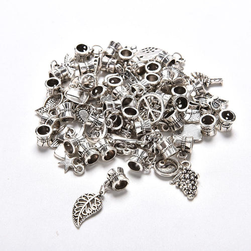 Mixed Style Tibetan Silver Charms Beads Big Hole Oxidized Metal Beads Fit European Bracelet Jewelry 40Pcs  EF8