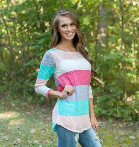 Multicolor Pullover Blouse Tees Color Stripes Stitching Hoody Women Long Sleeve Charm Tops Blouses EF8