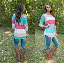 Multicolor Pullover Blouse Tees Color Stripes Stitching Hoody Women Long Sleeve Charm Tops Blouses EF8