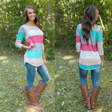 Multicolor Pullover Blouse Tees Color Stripes Stitching Hoody Women Long Sleeve Charm Tops Blouses EF8
