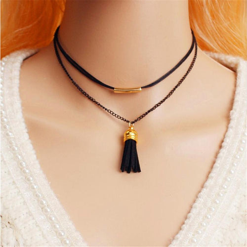 Necklace Gothic Chain Charm Pendant Vintage Jewelry Double Layer Black Imitation Leather Choker EF8