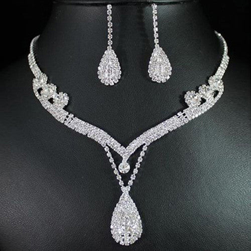 Bridal Chic Crystal Rhinestone Water Drop Necklace Earrings Set Gifts For Women  EF8
