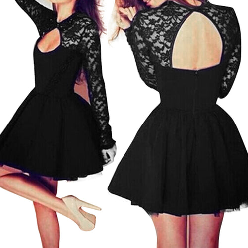 Long Sleeves Stitching Slim A-Line Mini Short Black Dress Lace Women Dress Floral Backless Dress EF8