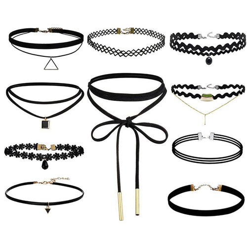 10Pcs Black Gothic Punk Velvet Tattoo Lace Choker Necklace Long Pendant Jewelry Women Collar Chocker EF8