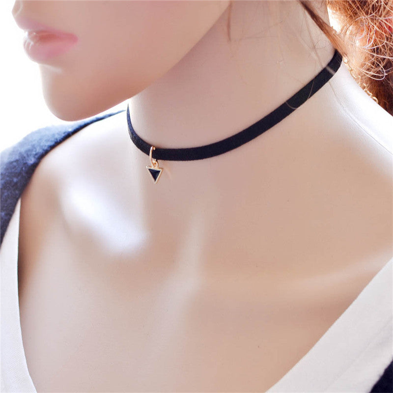 Black Leather Choker Necklace Wrap Gold Color Triangle Necklace For Women EF8
