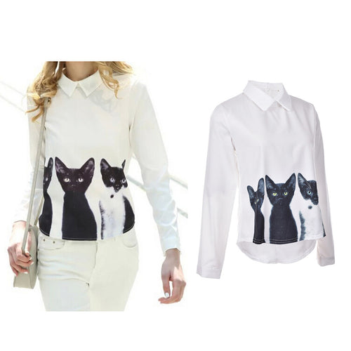 Cats Printed Pullover Shirts Long Sleeve Casual Women Korean White Blouse EF8