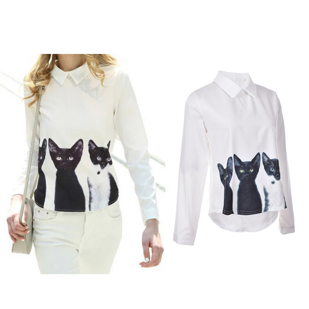 Cats Printed Pullover Shirts Long Sleeve Casual Women Korean White Blouse EF8