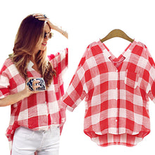 Elegant Big Square Patchwork Deep V Neck Long Women Shirts 3XL Red Plaid Women Shirts EF8