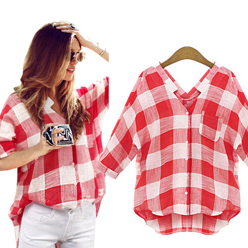 Elegant Big Square Patchwork Deep V Neck Long Women Shirts 3XL Red Plaid Women Shirts EF8